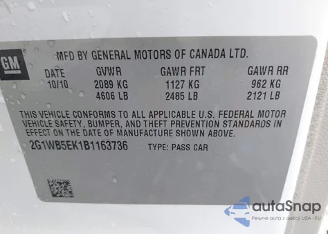 2011 Chevrolet Impala Lt из США, поврежденный, VIN 2G1WB5EK1B1163736